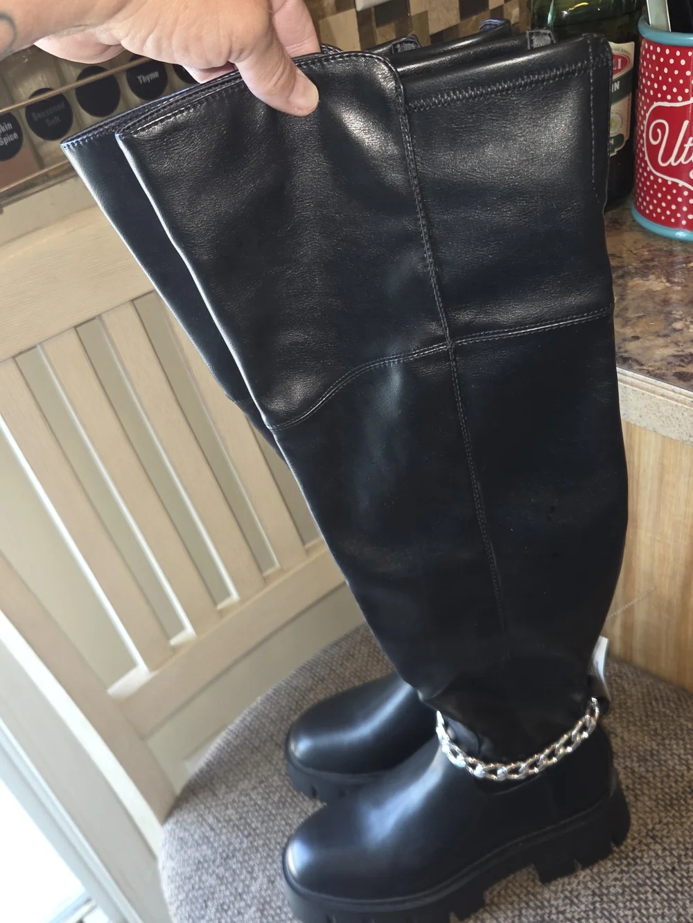 G by Guess Black Over-the-Knee Boots with Chain Accent